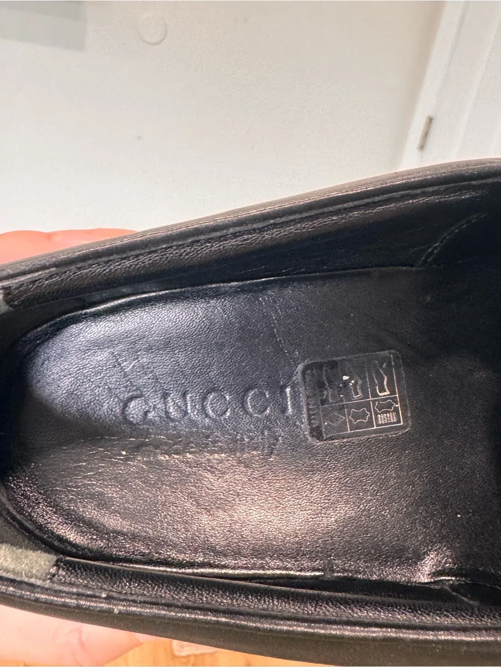 Gucci Black Monogram Slip-On Loafers with Red & Blue Heel Tab
